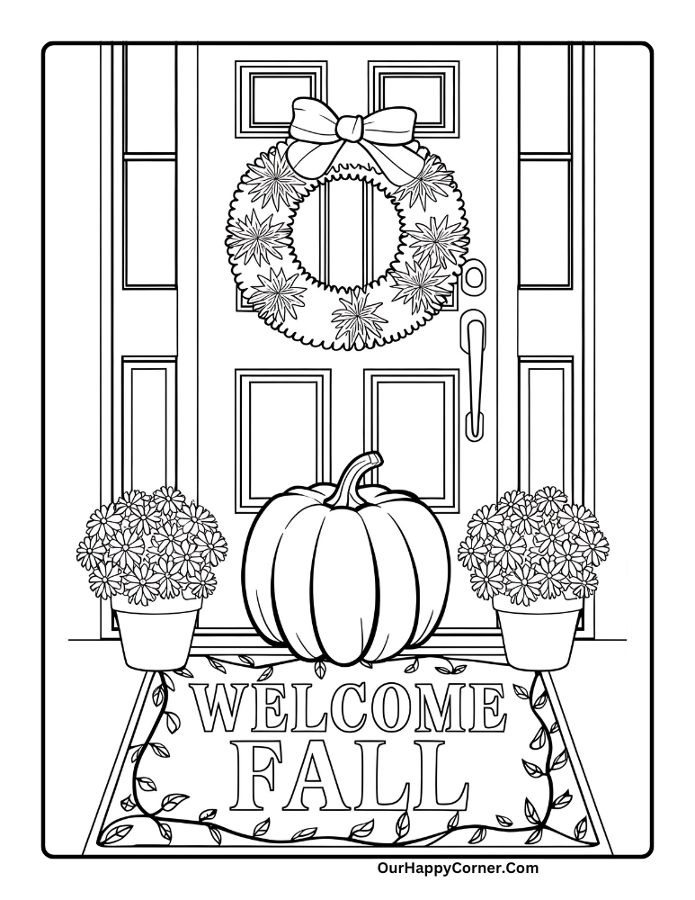 Fall wreath on door coloring page