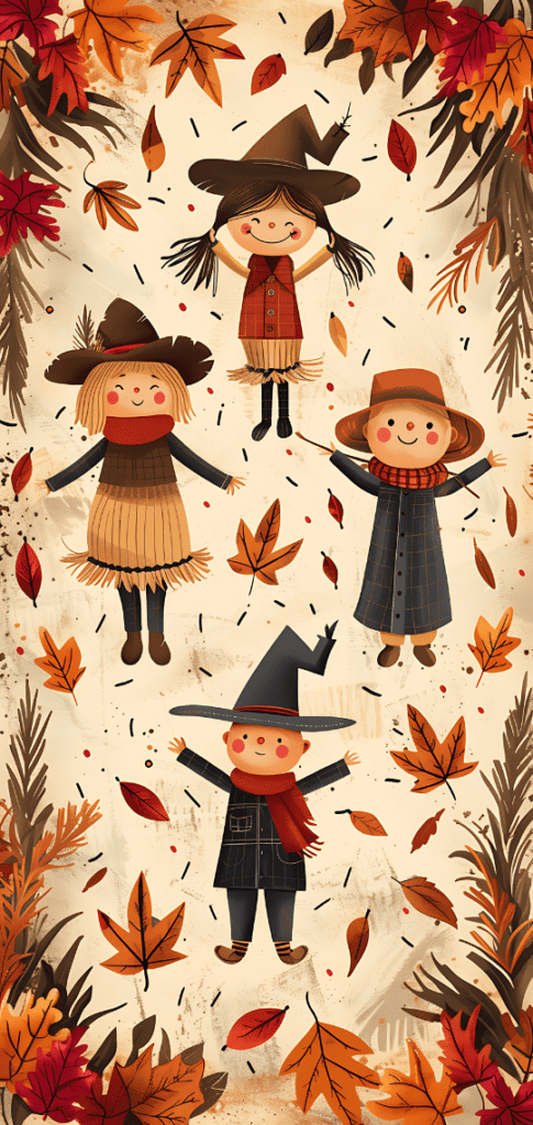 scarecrows and leaves in a pattern 