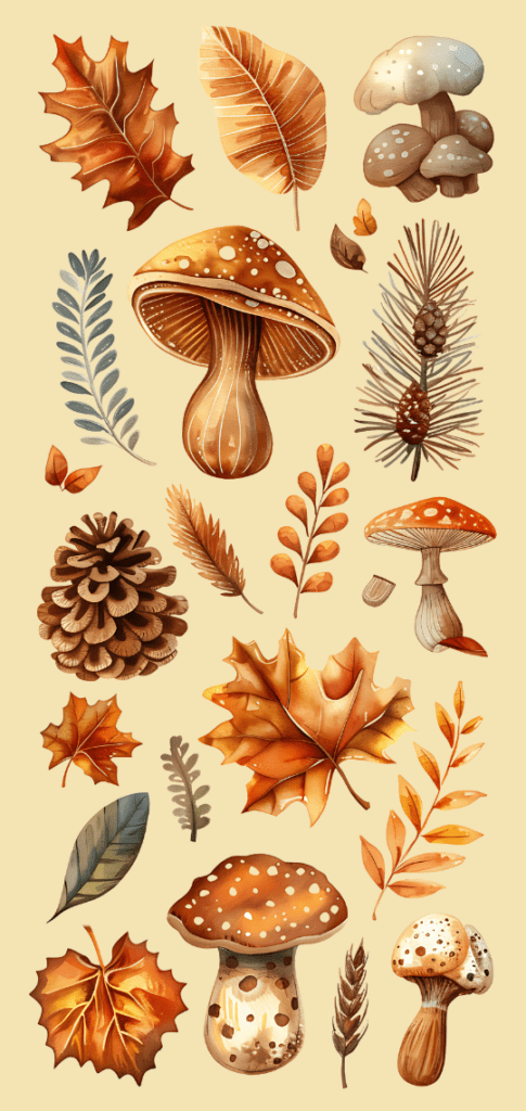 mushrooms, pumpkins, and leaves pattern