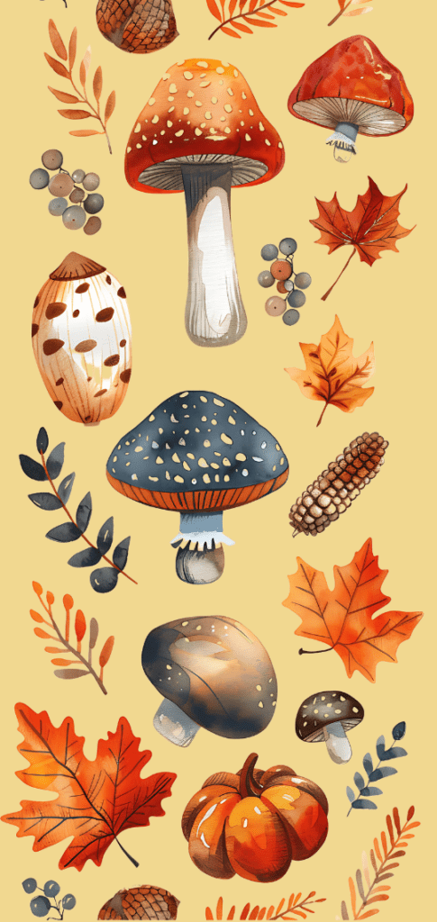 mushrooms, pumpkins, and leaves pattern