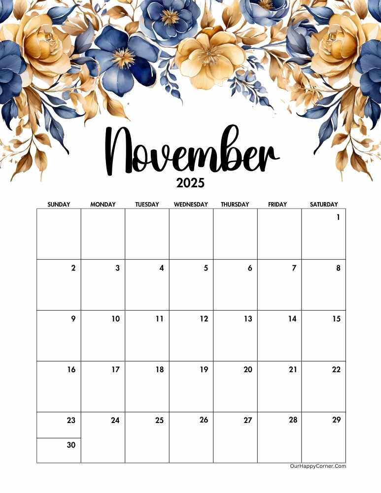 Blue and gold calendar printable for November