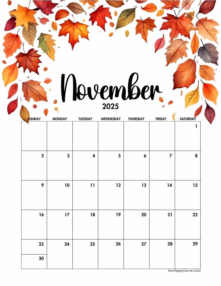 Autumn falling leaves November calendar