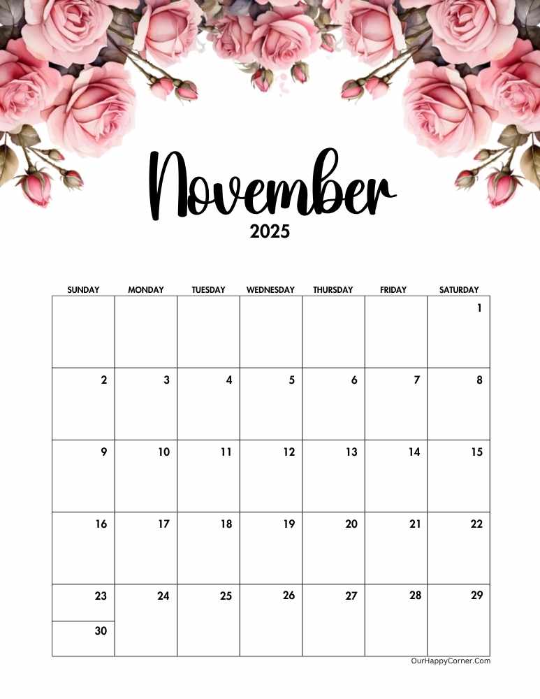 November Pink floral calendar 2025