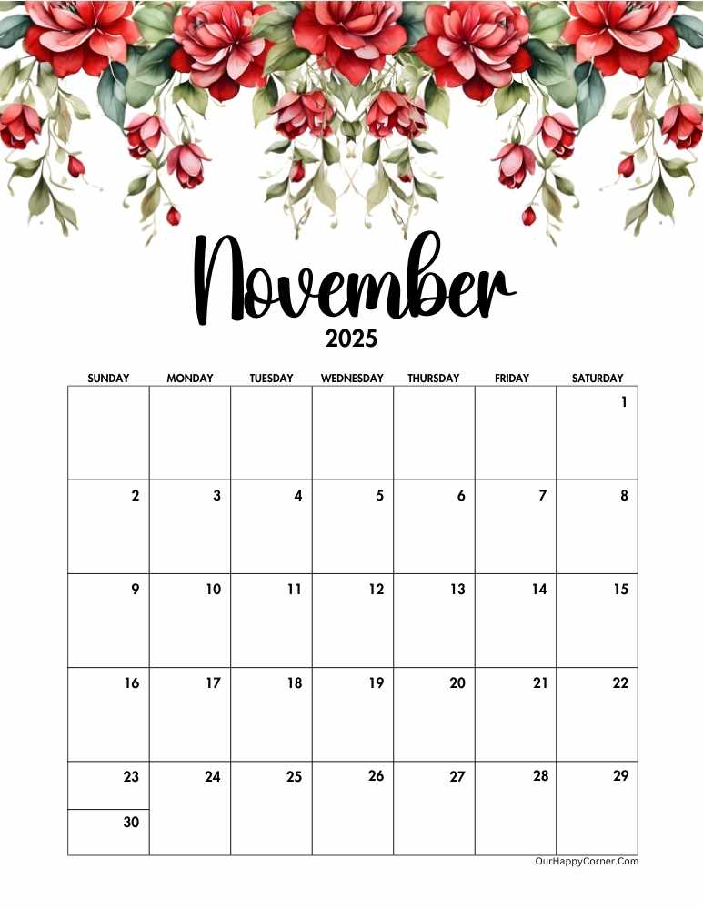 November Red Floral 2025 Calendar