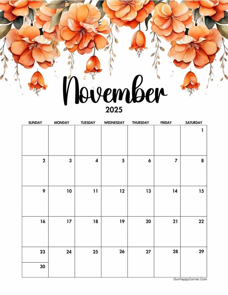 Orange Floral November Calendar