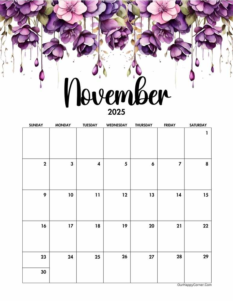 Watercolor Purple Floral November Calendar 2025