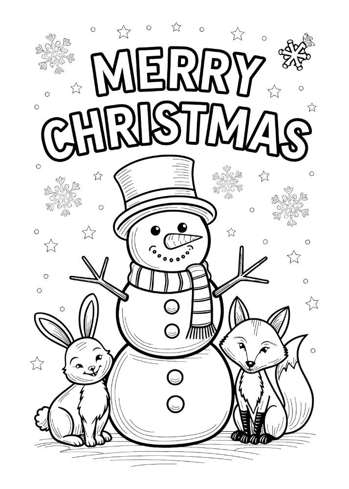 Coloring Christmas cards of snowman with bunny and fox in winter scene