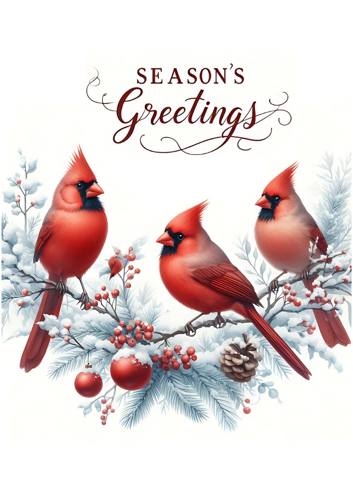 Cardinals on snowy branches with ornaments.