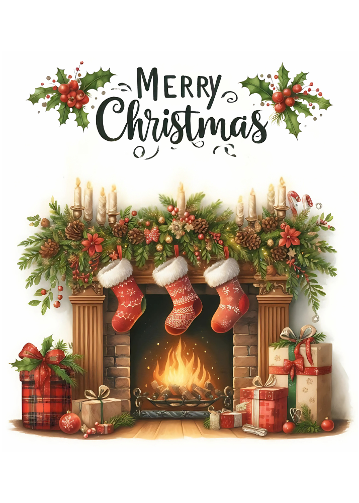 Fireplace with stockings and Christmas decorations - Christmas cards