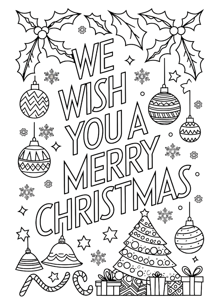 Christmas-themed coloring card with ornaments and gifts.