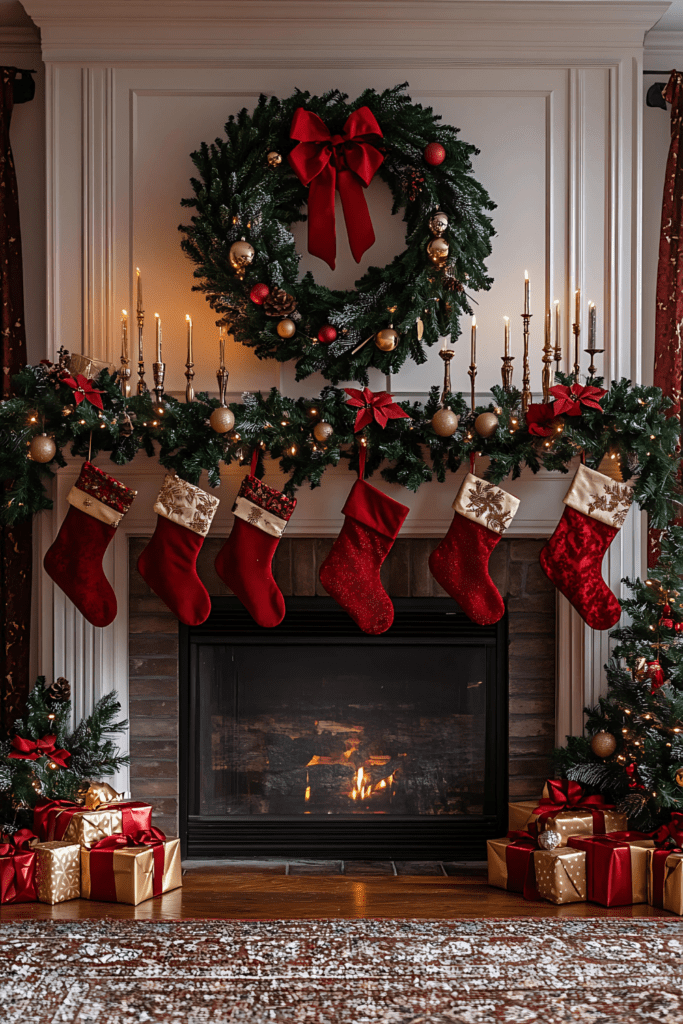 Red and gold Christmas mantel with large wreath.