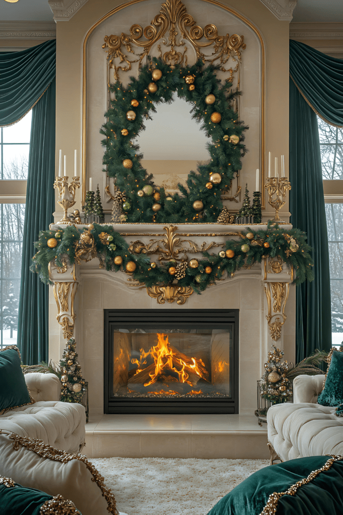 Elegant green and gold Christmas mantel with wreath