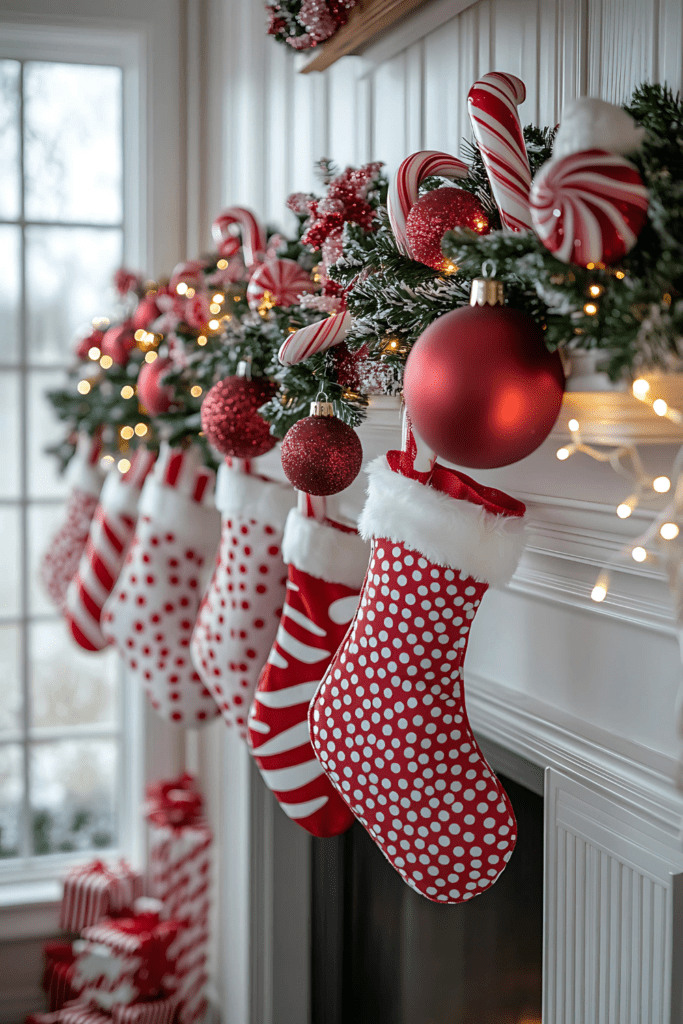 Candy cane-themed Christmas mantel with red stockings