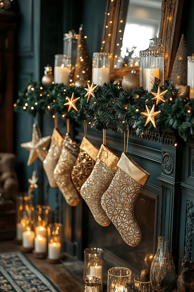 Glamorous Christmas mantel with gold stockings and candles