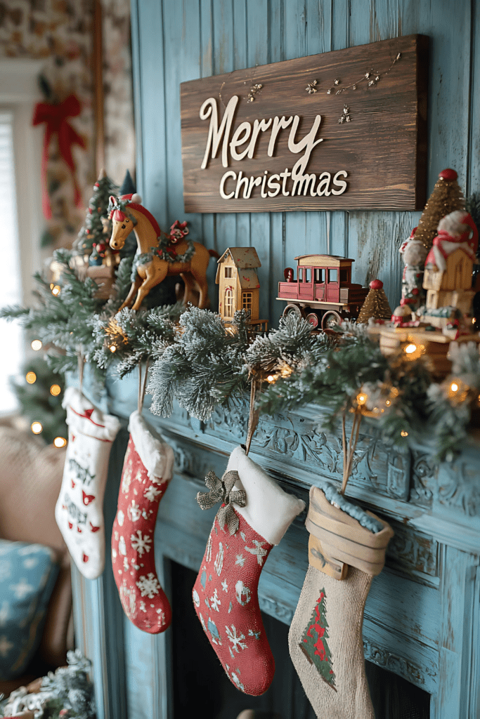 Vintage toy-themed Christmas mantel with stockings