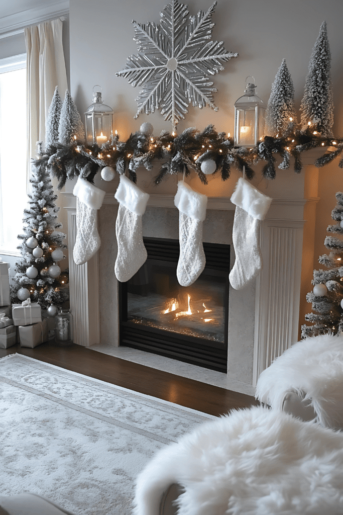 White Christmas mantel with snowflake and frosted garland