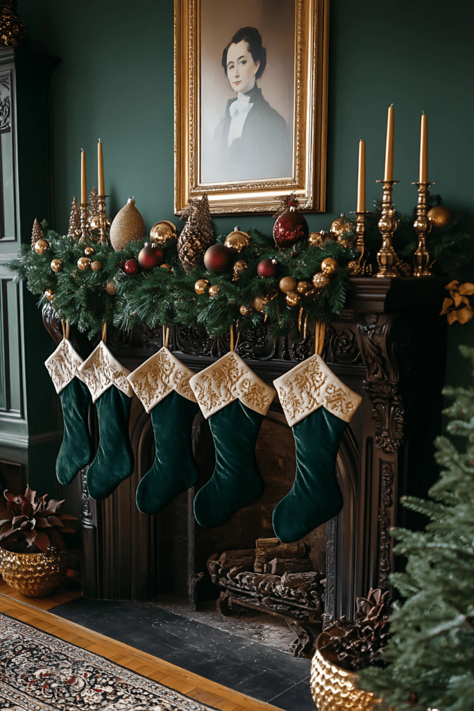 Victorian mantel with green velvet stockings