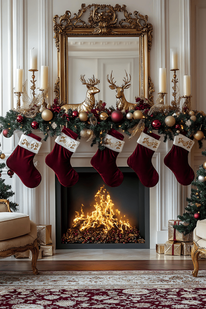  Red and gold holiday mantel with velvet stockings