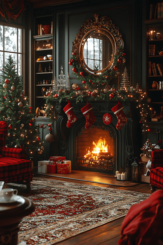 Traditional red and green Christmas mantel with stockings