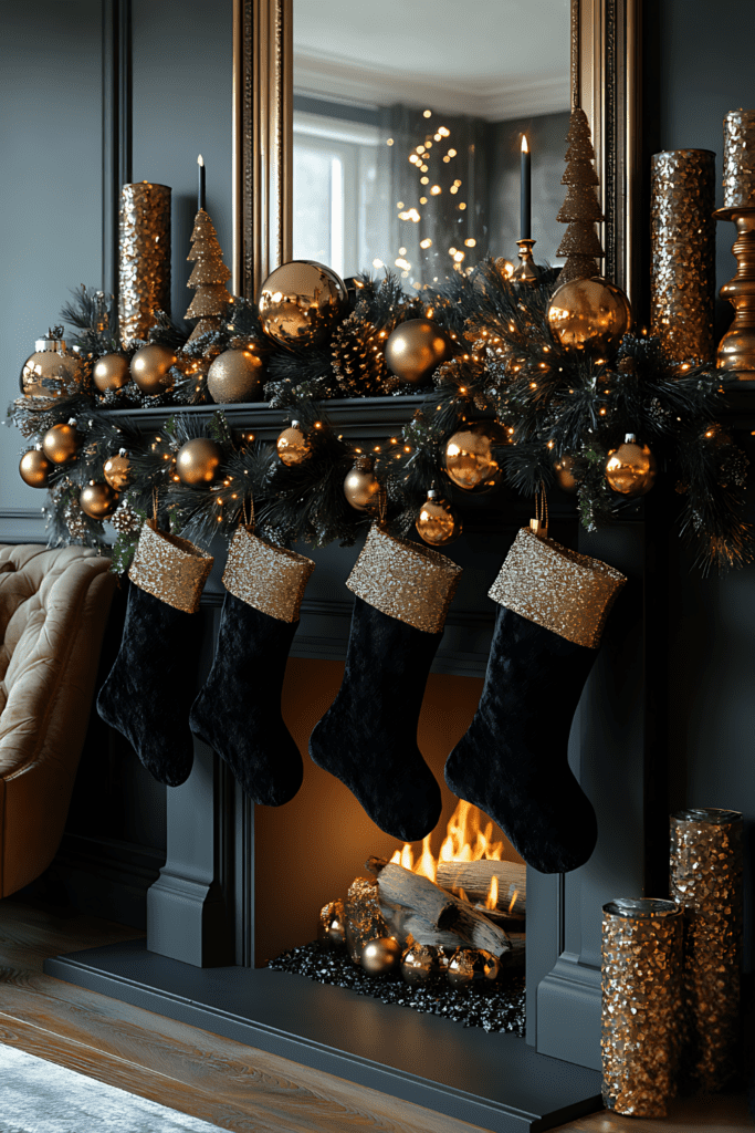 Black and gold holiday mantel with velvet stockings