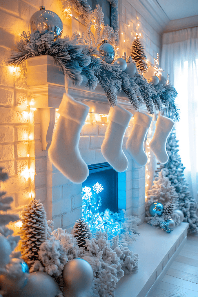 White and blue frosted mantel.