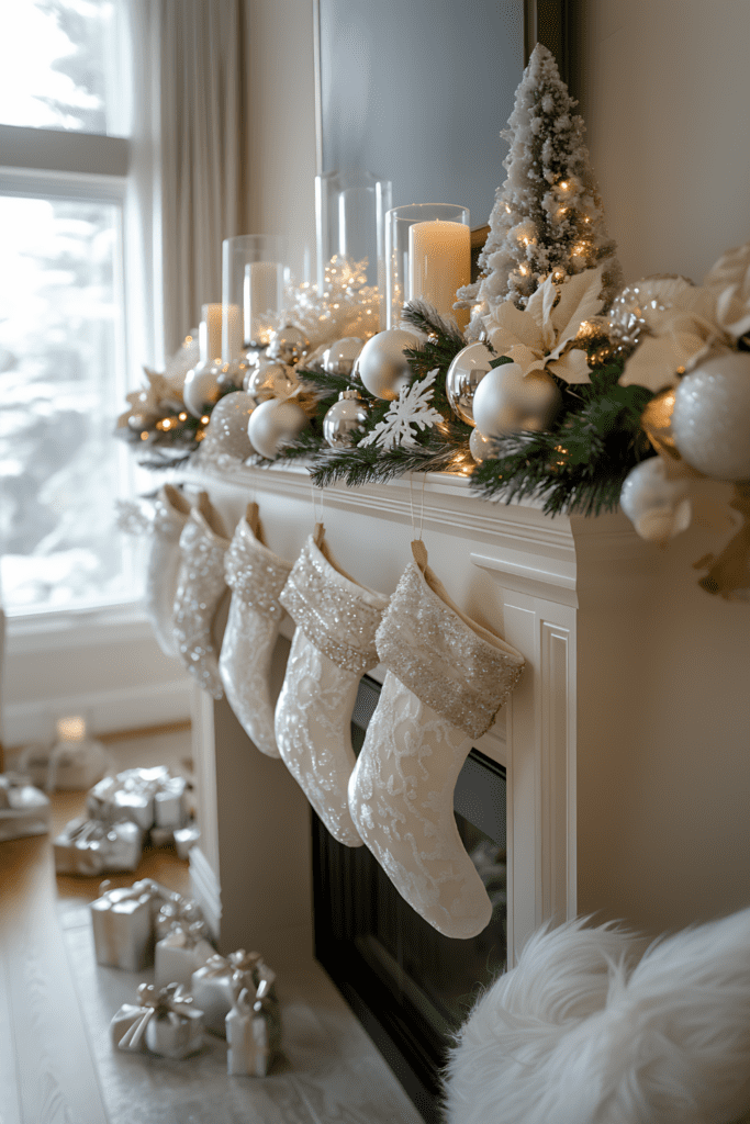 White and silver Christmas mantel with elegant stockings