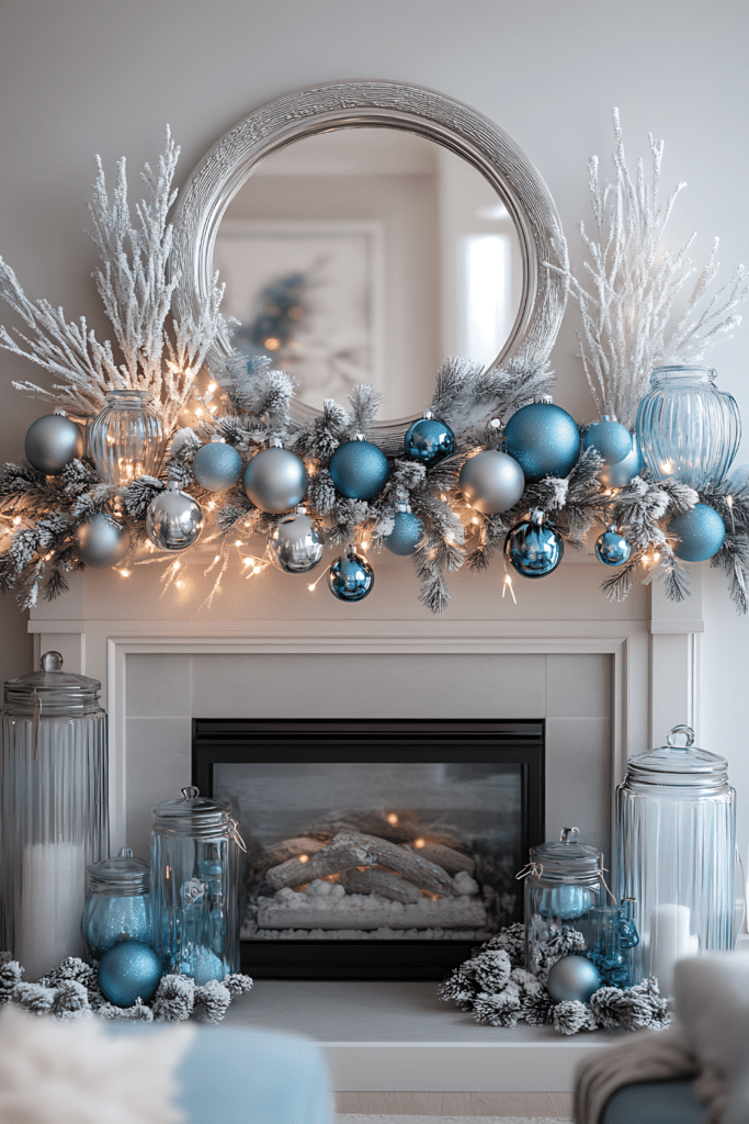 Icy blue and silver Christmas mantel with frosted garland