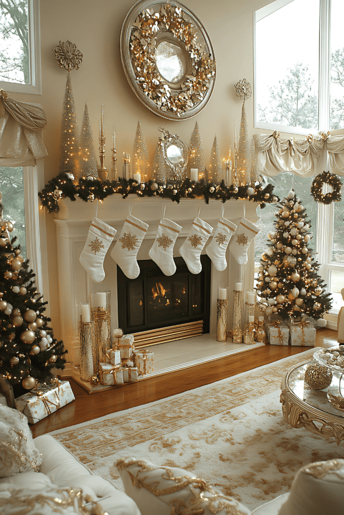 White and gold Christmas mantel with stockings and cone trees