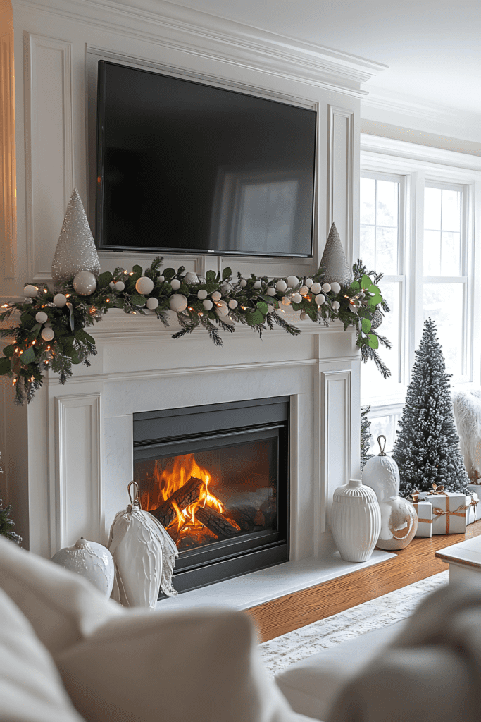 Minimalist holiday mantel with white ornaments and cone trees