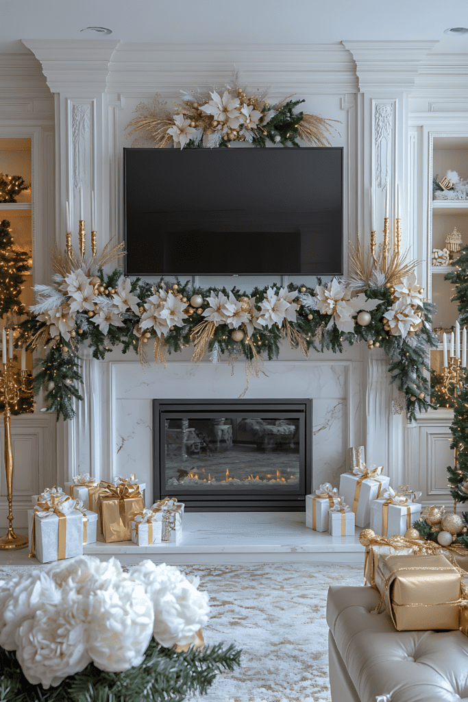 White and gold mantel with poinsettias and candles