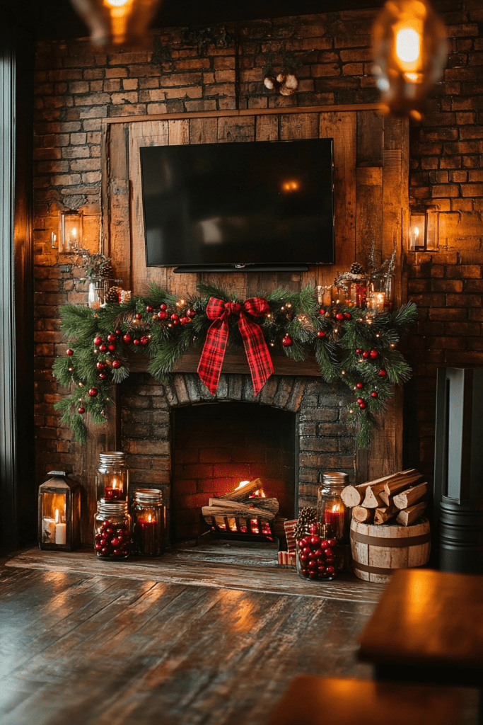 Rustic holiday mantel with plaid bow and lanterns