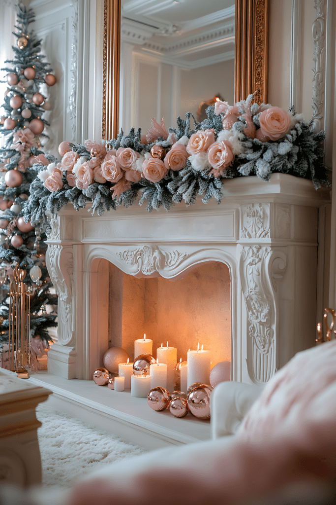 Blush pink Christmas mantel with roses and candles