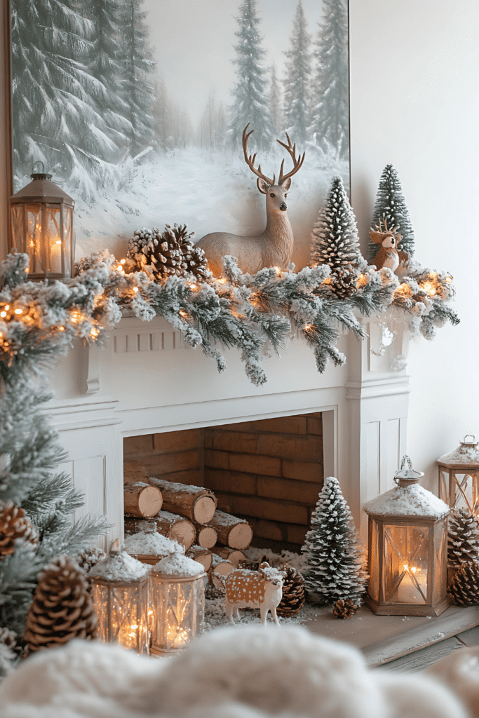 Frosted mantel with deer and snowy trees.