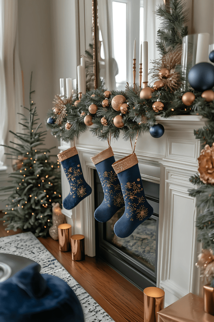 Navy and copper-themed mantel