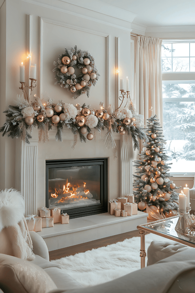 Blush pink and rose gold Christmas mantel