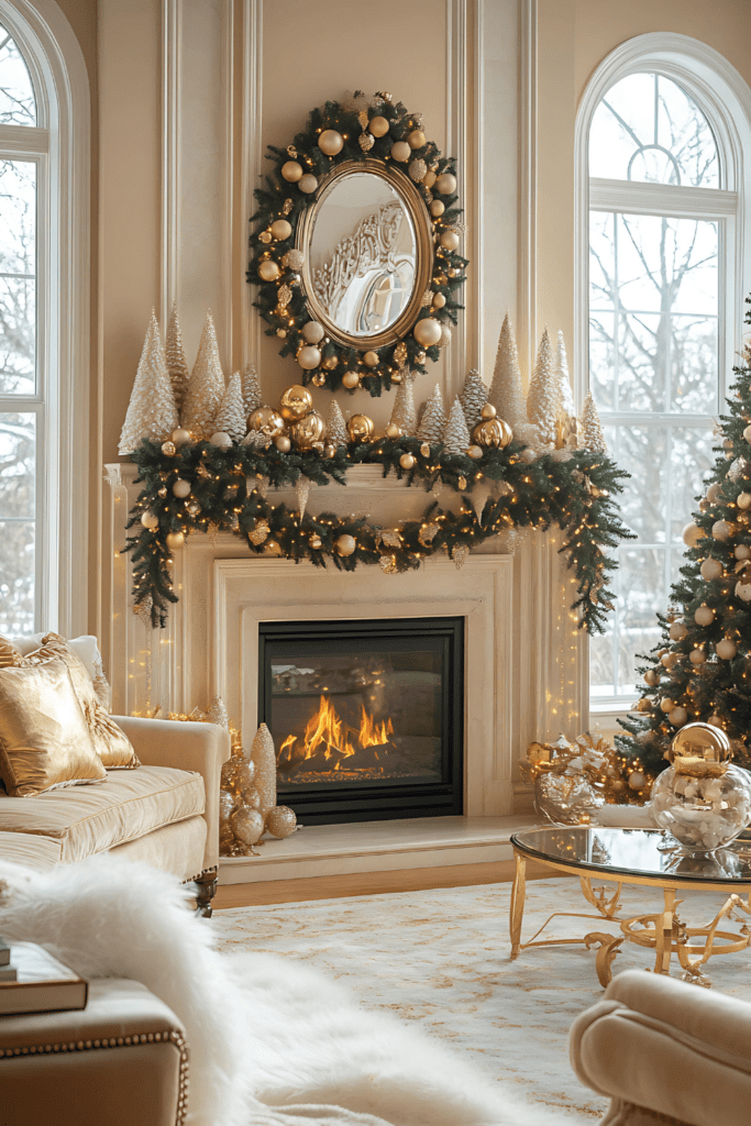 Gold and white holiday mantel with wreath