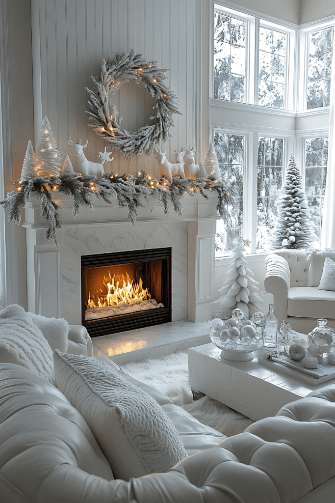 Frosted white Christmas mantel with reindeer and wreath