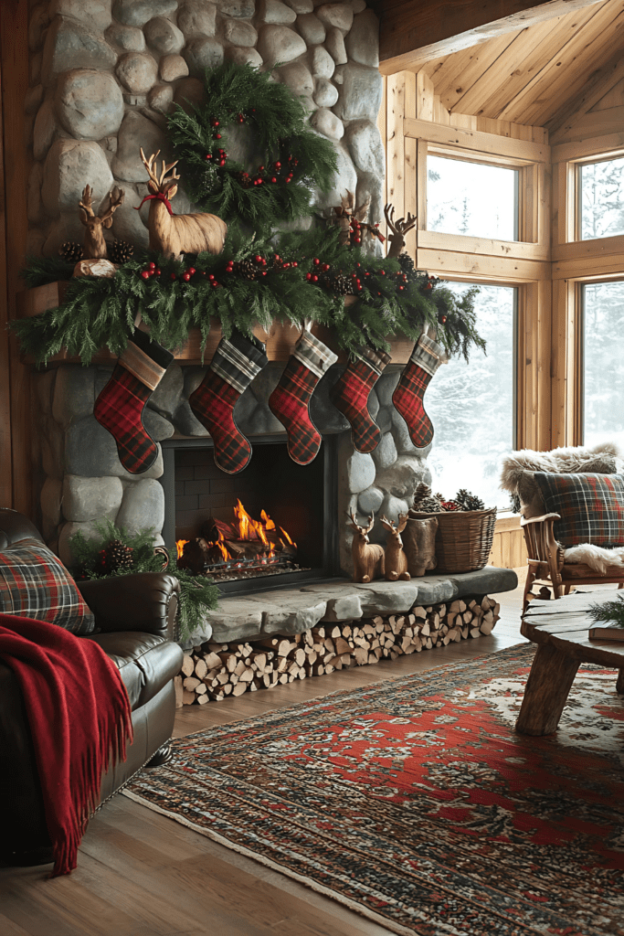 Plaid Christmas mantel in a rustic cabin setting