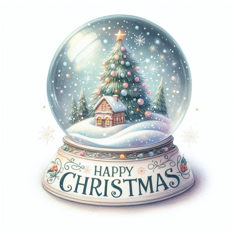 Snow globe with Christmas tree and cabin inside.