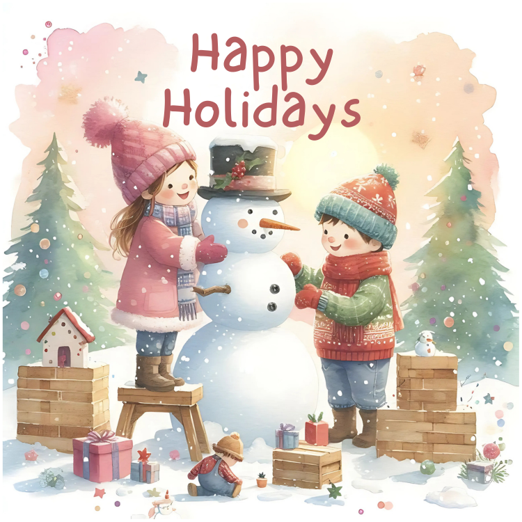 Kids building a snowman in a snowy landscape - Christmas cards