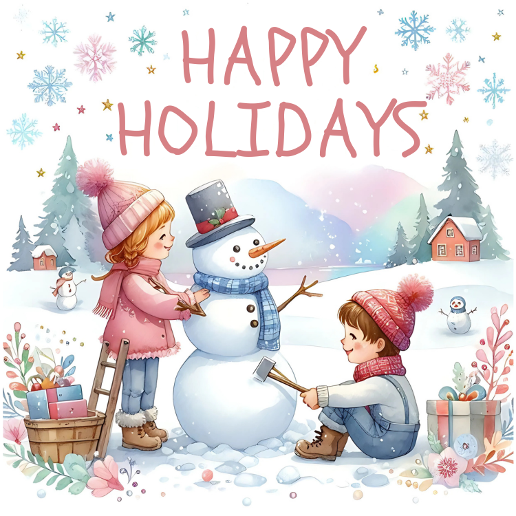 Kids building a snowman with winter decorations.