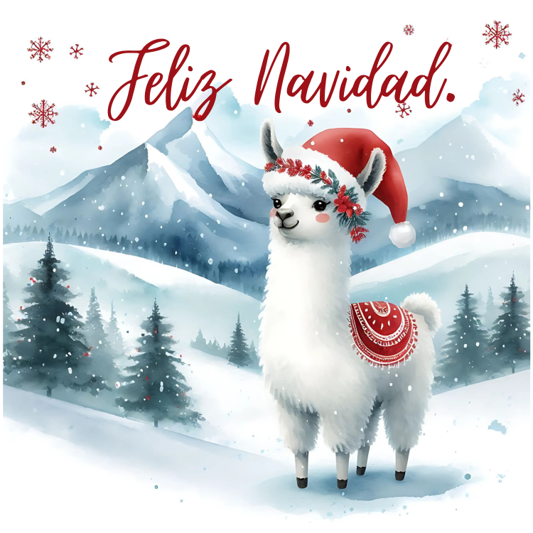 Llama wearing Santa hat in a snowy landscape.