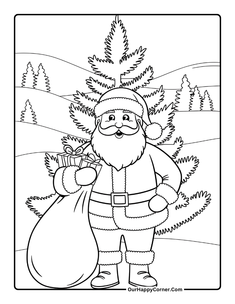 Christmas coloring pages of Santa carrying gifts next to a tree