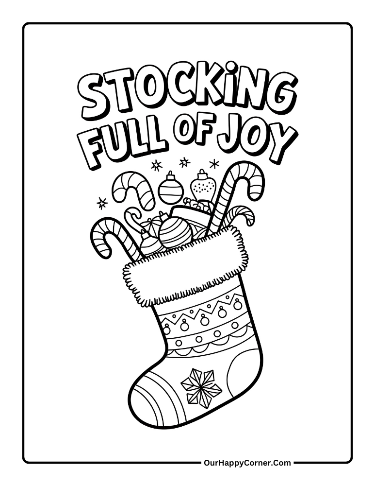 Christmas coloring pages of Christmas stocking filled with treats.