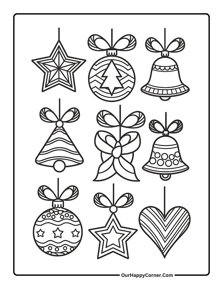 Christmas coloring pages of ornaments with stars and bells.