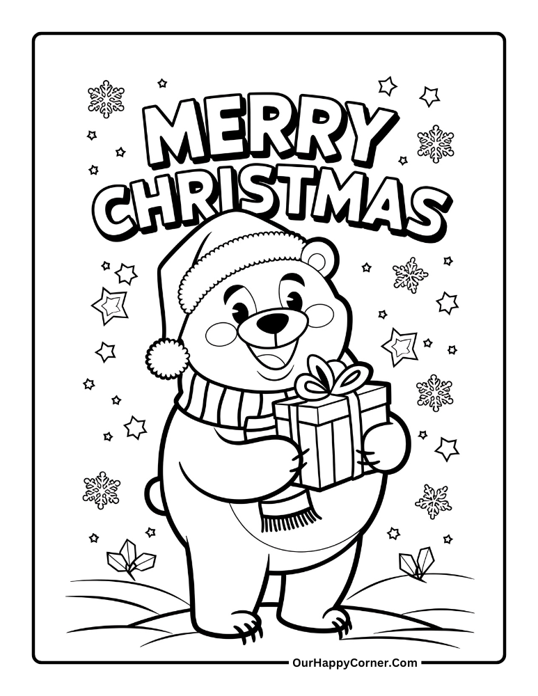 Christmas coloring pages of a bear holding a Christmas present.