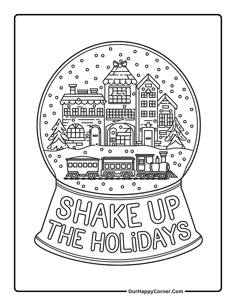 Christmas coloring pages of  a snow globe with train and village.