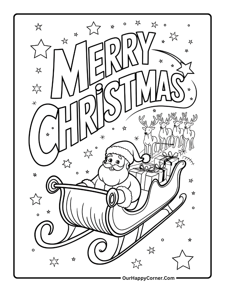 Christmas coloring page of Santa in sleigh with reindeer.