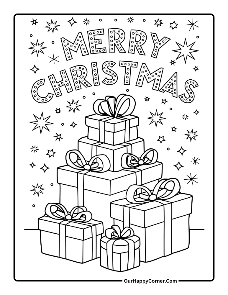 Christmas coloring pages of a pile of Christmas presents with stars.