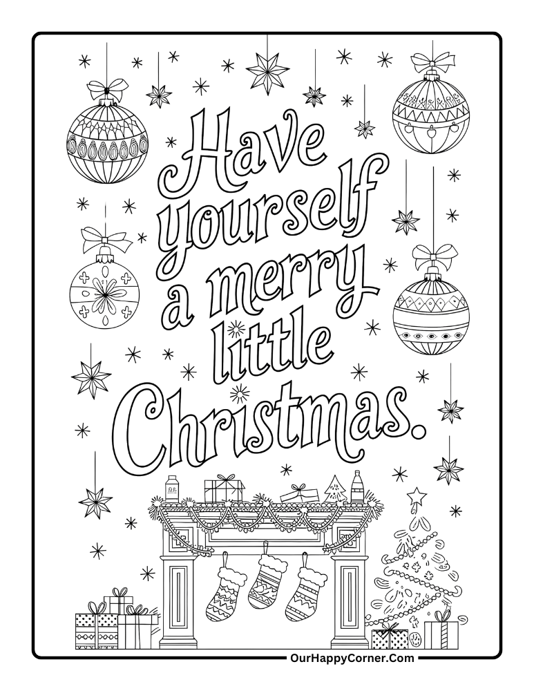 Christmas coloring pages of Christmas mantel with decorations and gifts.